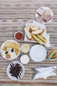 High angle view of breakfast served on table