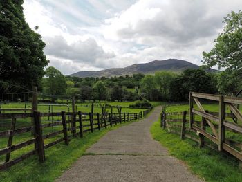 Scenic view of field by mountains against sky