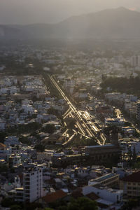 High angle view of buildings in city