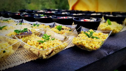 Close-up of food served on table