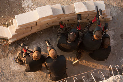 High angle view of paintball shooters in action