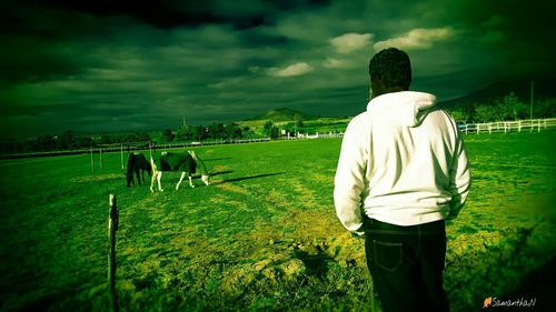 Rear view of man standing on grass against sky