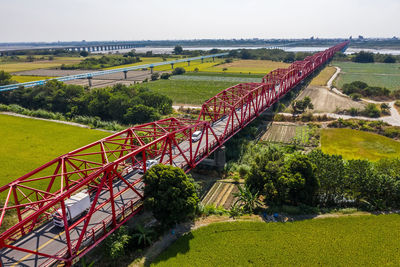 Panoramic view of bridge over landscape against sky