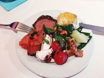 High angle view of food in plate on table