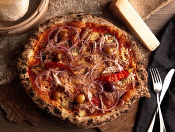 High angle view of pizza on table