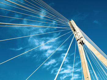 Low angle view of bridge against blue sky