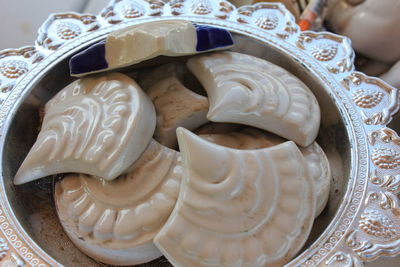 High angle view of cake in plate on table