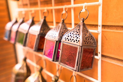 Close-up of clothes hanging on wall