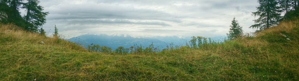 Scenic view of grassy field against cloudy sky