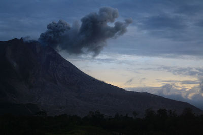 Smoke emitting from volcanic mountain against sky during sunset