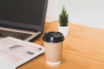 High angle view of tea cup on table