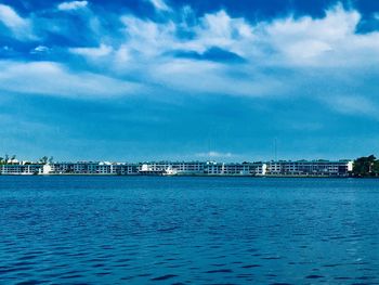 Scenic view of sea and buildings against sky