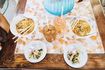 High angle view of food on table