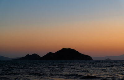 Scenic view of sea against orange sky