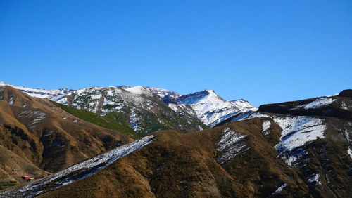 Scenic view of snowcapped mountains against clear blue sky