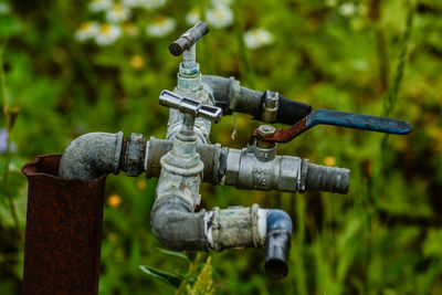 Close-up of rusty pipe on field