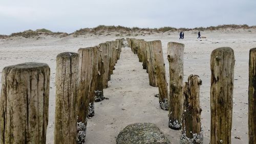 Wooden posts at beach against sky