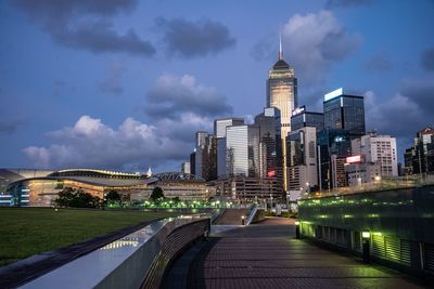 View of city buildings against cloudy sky