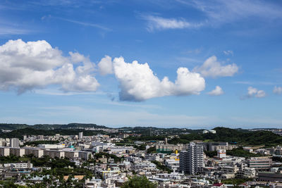Aerial view of cityscape against blue sky