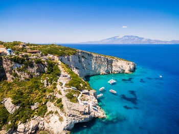 High angle view of bay against blue sky