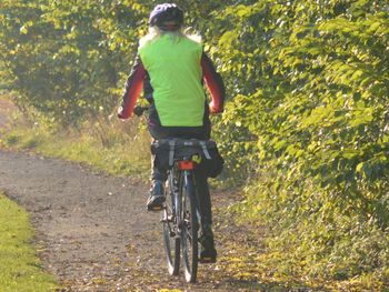 Rear view of man riding bicycle