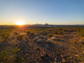 Scenic view of landscape against clear sky during sunset