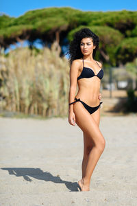 Sensuous young woman wearing bikini while standing at beach
