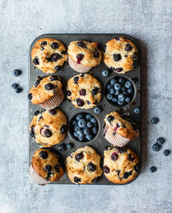 Overhead view of blueberry muffins in baking tin on concrete counter.