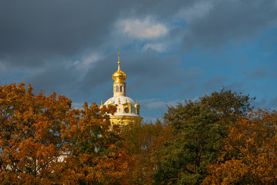 Low angle view of trees and building against sky