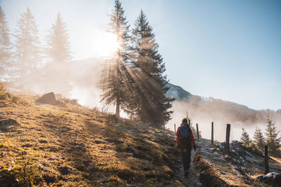 Rear view of man on mountain against sky during winter