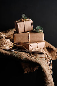 Handmade gifts from craft paper and tied with rope