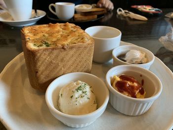 High angle view of breakfast on table