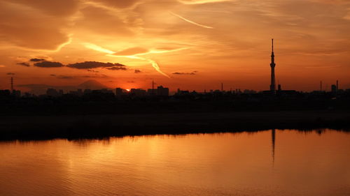 Scenic view of silhouette buildings against sky during sunset