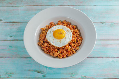 High angle view of breakfast served on table