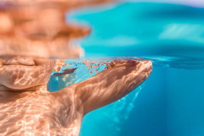 Underwater view of cropped unrecognizable kid swimming in clear water of pool and looking at camera