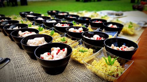 High angle view of meal served on table