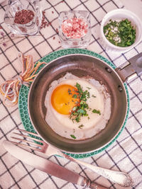 High angle view of soup in bowl on table