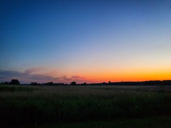 Scenic view of field against clear sky during sunset