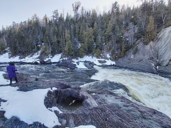 Scenic view of waterfall in forest during winter