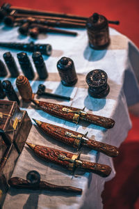 High angle view of souvenir on table for sale