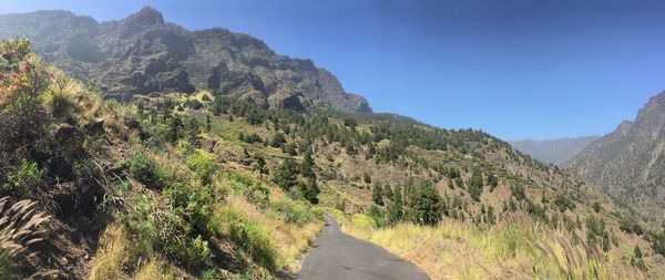 Scenic view of road by mountains against clear sky