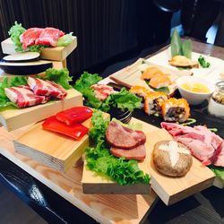 High angle view of sushi served on table