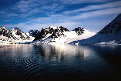 Scenic view of snowcapped mountains against sky during winter