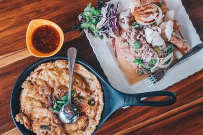 High angle view of food served on table