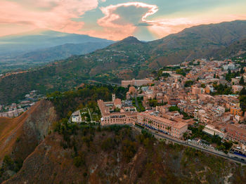 Panoramic aerial view of isola bella island and beach in taormina.