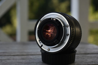 Close-up of camera on table