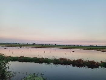 Scenic view of lake against sky during sunset