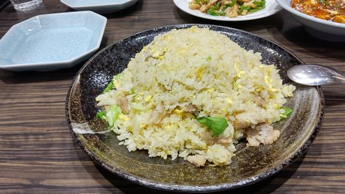 High angle view of food in plate on table