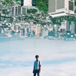 Multiple image of man standing against sky and cityscape
