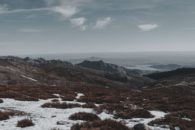 Scenic view of snow covered land against sky